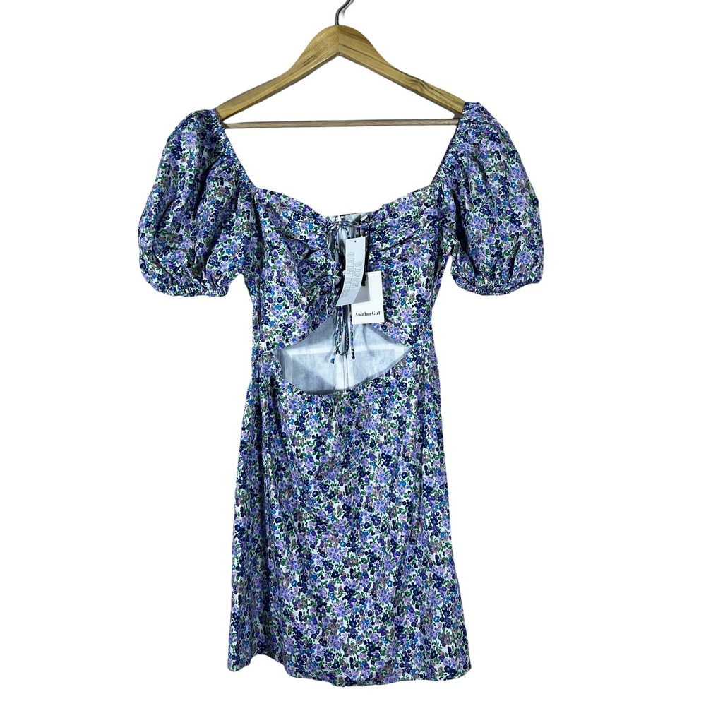 NWT Another Girl Floral Cutout Mini Dress Purple Cottagecore Puff Sleeve Size 6